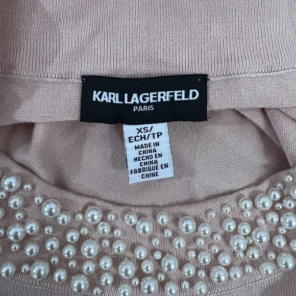 Karl Lagerfeld Paris Baby Pink Sweater Faux Pearl Beaded Embellished Neckline XS - Picture 8 of 8